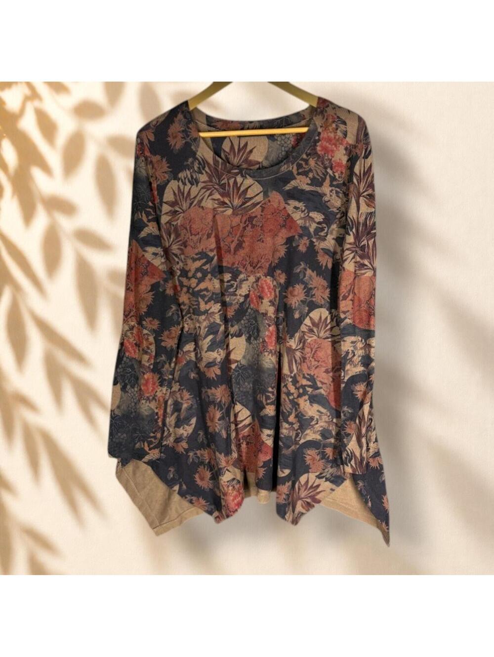 Casual Express Tunic Top Women XL Black Floral Long Sleeve Round Neck Casual